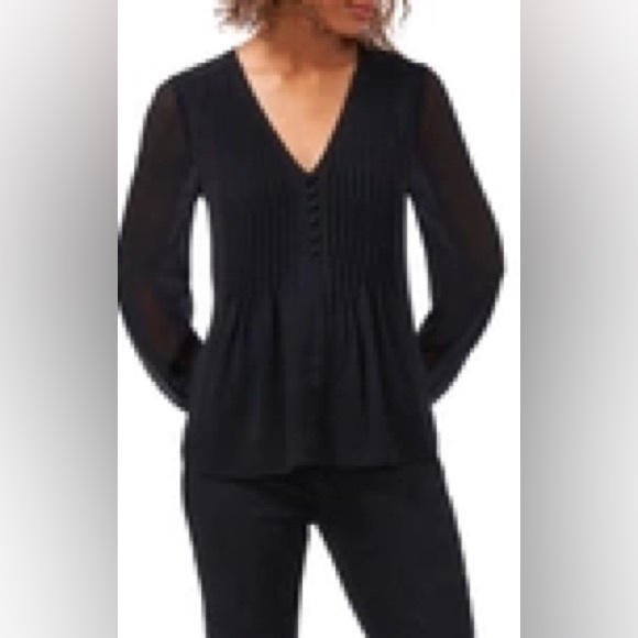 1.State LONG SLEEVE V-NECK PLEATED BUTTON FRONT TOP IN RICH BLACK XL - Picture 1 of 7